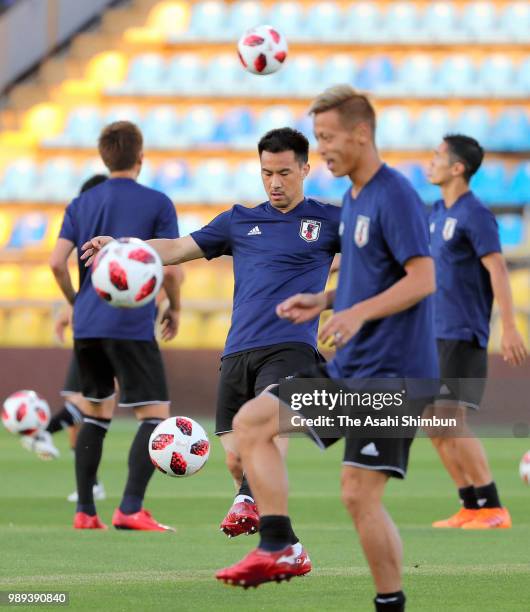 Shinji Okazaki of Japan in action during the Japan training ahead of the Round of 16 match against Belgium on July 1, 2018 in Rostov-on-Don, Russia.