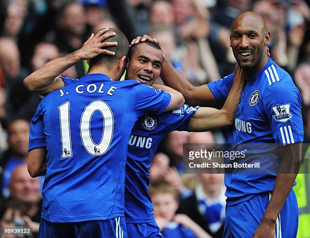 Ashley Cole of Chelsea celebrates with Nicolas Anelka and Joe Cole as he scores their eighth goal during the Barclays Premier League match between...