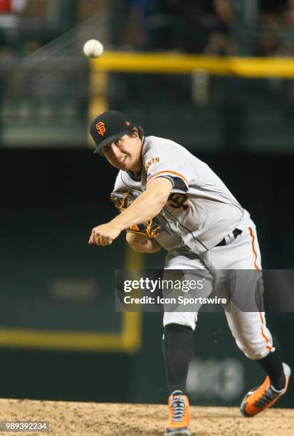 San Francisco Giants starting pitcher Derek Holland pitches during the MLB baseball game between the San Francisco Giants and the Arizona...