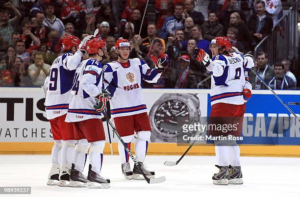 Alexander Ovechkin of Russia celebrate with his team mate after he scores his team's 2nd goal during the IIHF World Championship group A match...
