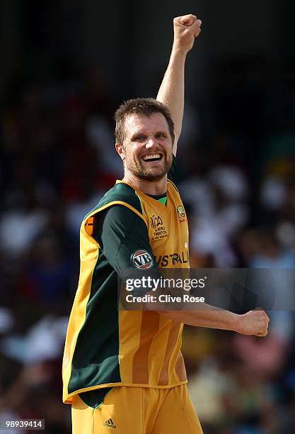 Dirk Nannes of Australia celebrates the wicket of Sanath Jayasuriya of Sri Lanka during the ICC World Twenty20 Super Eight match between Sri Lanka...