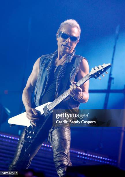 Guitarist Rudolf Schenker of the Scorpions performs on stage at Olympiahalle on May 8, 2010 in Munich, Germany.