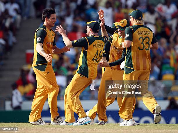 Mitchell Johnson of Australia celebrates the wicket of Angelo Mathews of Sri Lanka during the ICC World Twenty20 Super Eight match between Sri Lanka...