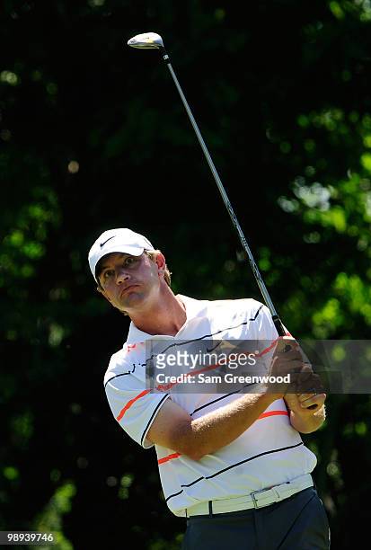 Lucas Glover plays his tee shot on the fifth hole during the final round of THE PLAYERS Championship held at THE PLAYERS Stadium course at TPC...