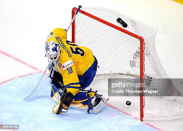 Goalkeeper Jonas Gustavsson of Sweden reacts during the IIHF World Championship group C match between Czech Republic and France at SAP Arena on May...
