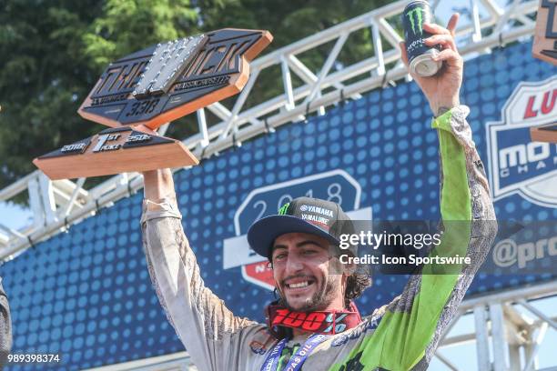 Dylan Ferrandis celebrates winning the overall Lucas Oil Pro Motocross Championship 250cc race at Southwick National, The Wick 338, in Southwick,...