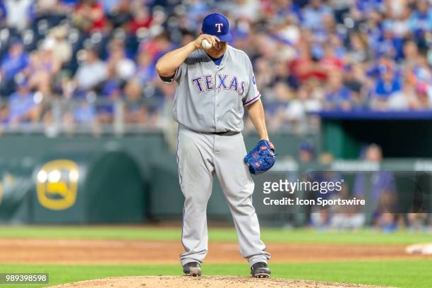 Texas Rangers starting pitcher Bartolo Colon during the MLB American League game against the Kansas City Royals on June 18, 2016 at Kauffman Stadium...