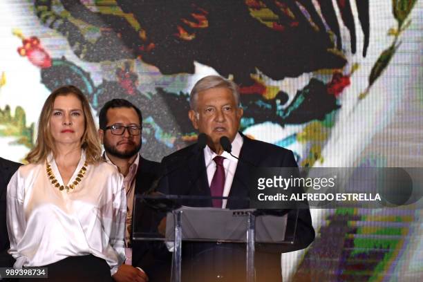 Newly elected Mexico's President Andres Manuel Lopez Obrador , running for "Juntos haremos historia" party, next to his wife Beatriz Gutierrez...