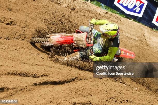 Heath Harrison deep in the sandy berm during the Lucas Oil Pro Motocross Championship race at Southwick National, The Wick 338, in Southwick,...