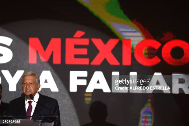 Newly elected Mexico's President Andres Manuel Lopez Obrador, running for "Juntos haremos historia" party, addresses his supporters at a hotel after...