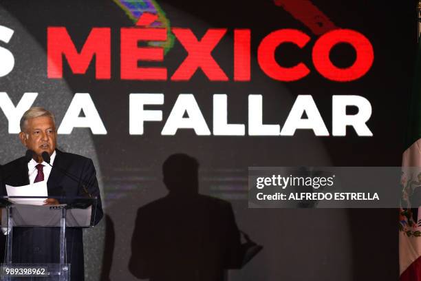 Newly elected Mexico's President Andres Manuel Lopez Obrador, running for "Juntos haremos historia" party, addresses his supporters at a hotel after...