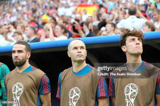 Dani Carvajal, Andres Iniesta and Alvaro Odriozola of Spain look on prior to the 2018 FIFA World Cup Russia Round of 16 match between Spain and...