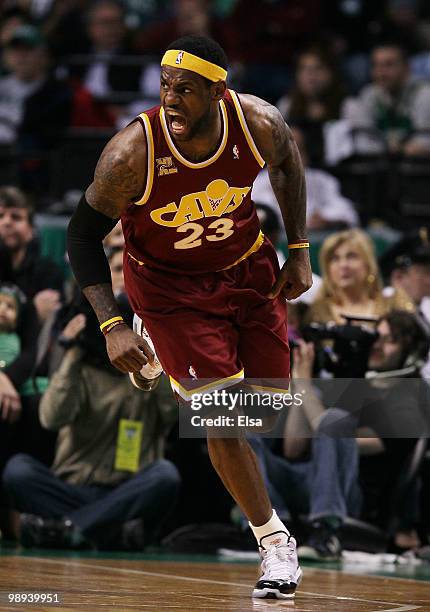 LeBron James of the Cleveland Cavaliers celebrates his shot in the first quarter against the Boston Celtics during Game Four of the Eastern...