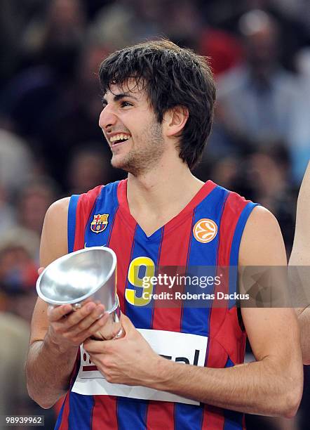 Ricky Rubio, #9 of Regal FC Barcelona holds a trophy during the 2009-2010 Euroleague Basketball Champion Awards Ceremony at Bercy Arena on May 9,...