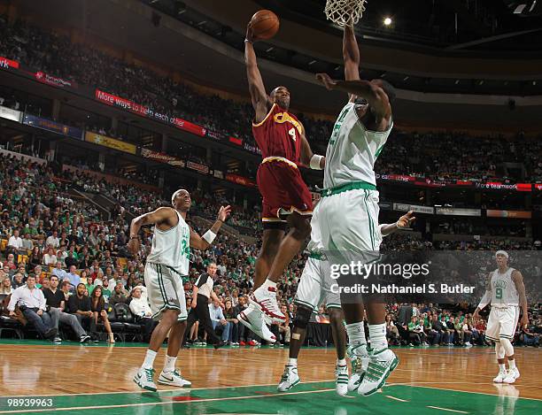 Antawn Jamison of the Cleveland Cavaliers shoots against Kendrick Perkins of the Boston Celtics in Game Four of the Eastern Conference Semifinals...