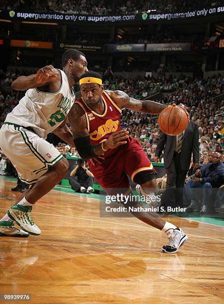 LeBron James of the Cleveland Cavaliers drives against Tony Allen of the Boston Celtics in Game Four of the Eastern Conference Semifinals during the...