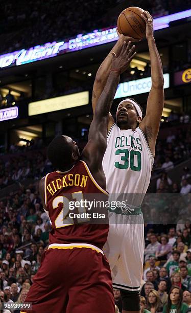 Rasheed Wallace of the Boston Celtics takes a shot as J.J. Hickson of the Cleveland Cavaliers defends during Game Four of the Eastern Conference...