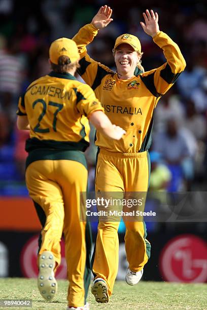 Alex Blackwell the captain of Australia celebrates victory with Jessica Cameron during the ICC T20 Women's World Cup Group A match between Australia...