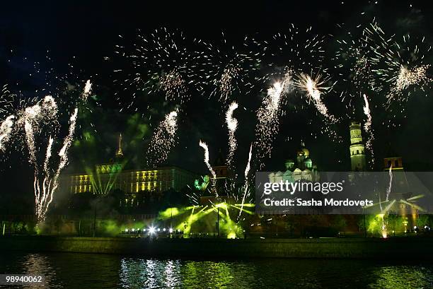 Fireworks go off above the Kremlin during Victory Day celebrations on May 9, 2010 in Moscow, Russia. The celebrations mark the victory of the Soviet...