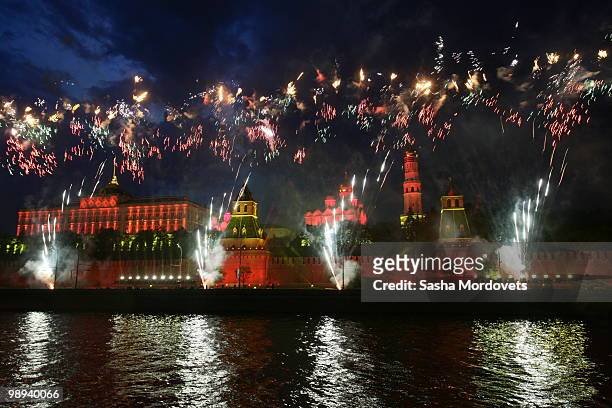 Fireworks go off above the Kremlin during Victory Day celebrations on May 9, 2010 in Moscow, Russia. The celebrations mark the victory of the Soviet...