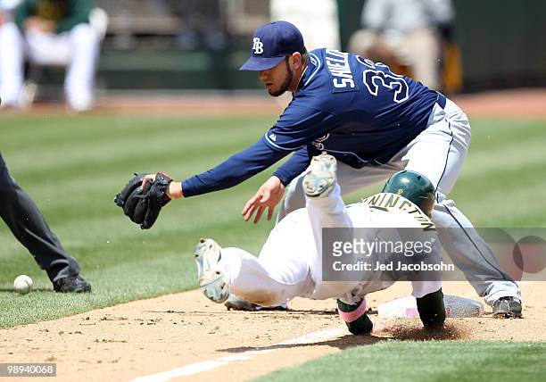 James Shields of the Tampa Bay Rays fields an errant throw by catcher Dioner Navarro in the fourth inning as Cliff Pennington of the Oakland...