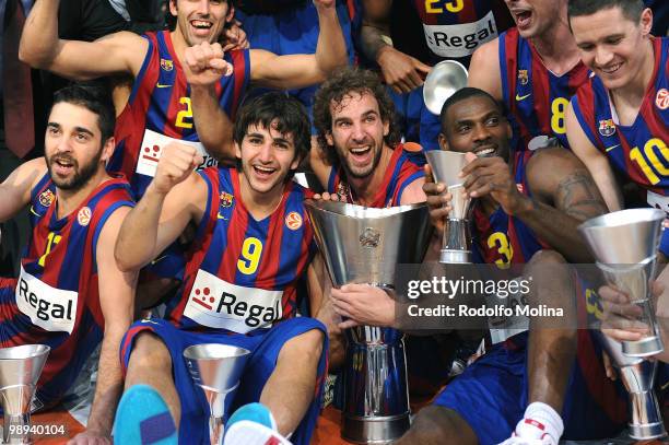 Juan Carlos Navarro, Ricky Rubio, Roger Grimau and Pete Mickeal and Regal FC Barcelona teammates celebrate during the 2009-2010 Euroleague Basketball...
