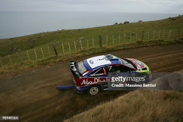 Mikko Hirvonen of Finland and co-driver Jarmo Lehtinen of Finland drive their BP Abu Dhabi Ford Focus during Leg3 of the WRC Rally of New Zealand on...