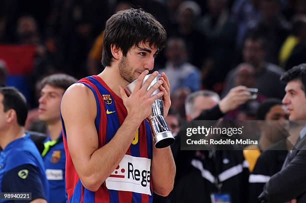 Ricky Rubio of Regal FC Barcelona kisses his trophy during the 2009-2010 Euroleague Basketball Champion Awards Ceremony at Bercy Arena on May 9, 2010...