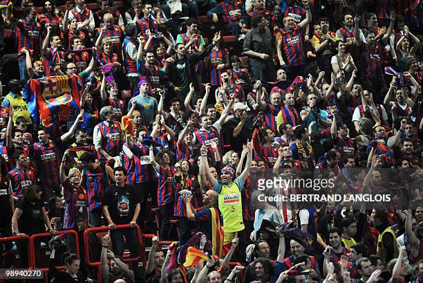Regal Barcelona's fans support their team during the Euroleague basketball final match Olympiacos Piraeus vs. Regal Barcelona at the Palais Omnisport...