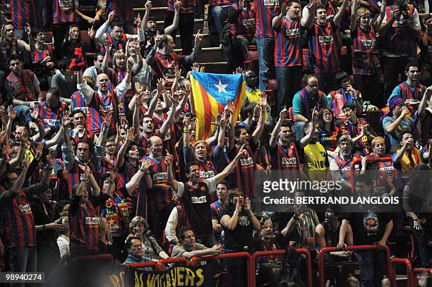 Regal Barcelona's fans support their team during the Euroleague basketball final match Olympiacos Piraeus vs. Regal Barcelona at the Palais Omnisport...
