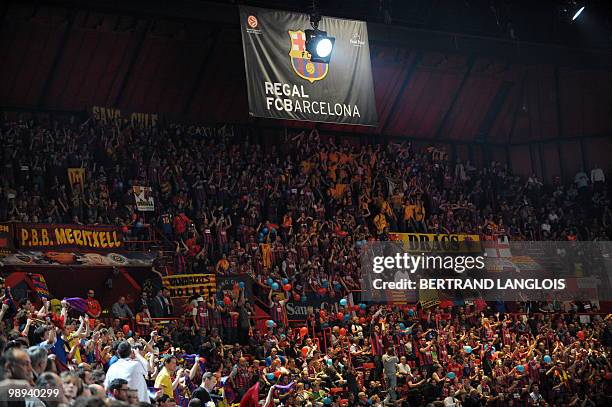 Regal Barcelona's fans support their team during the Euroleague basketball final match Olympiacos Piraeus vs. Regal Barcelona at the Palais Omnisport...