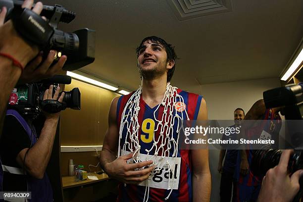 Ricky Rubio, #9 of Regal FC Barcelona celebrates after the 2009-2010 Euroleague Basketball Champion Awards Ceremony at Bercy Arena on May 9, 2010 in...