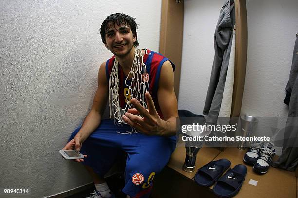 Ricky Rubio, #9 of Regal FC Barcelona celebrates after the 2009-2010 Euroleague Basketball Champion Awards Ceremony at Bercy Arena on May 9, 2010 in...