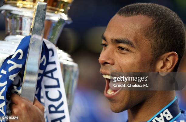 Chelsea's Ashley Cole celebrates with the trophy after winning the league with an 8-0 victory during the Barclays Premier League match between...