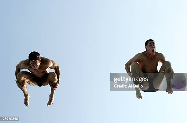 David Boudia and Nick McCrory of the USA dive during the Men's Synchronized 10 Meter Platform Final at the Fort Lauderdale Aquatic Center during Day...