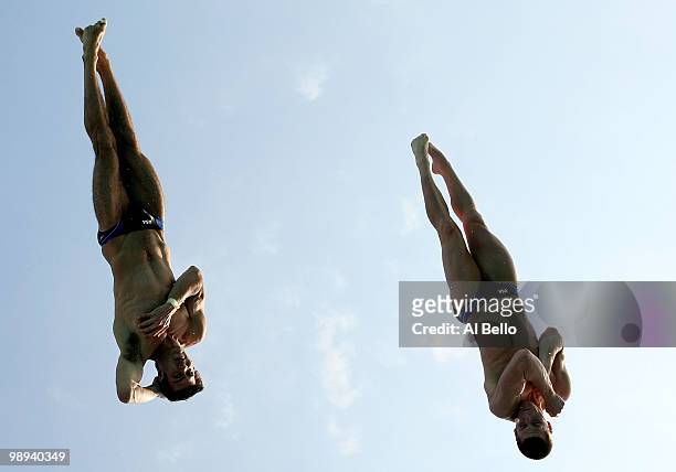 David Boudia and Nick McCrory of the USA dive during the Men's Synchronized 10 Meter Platform Final at the Fort Lauderdale Aquatic Center during Day...