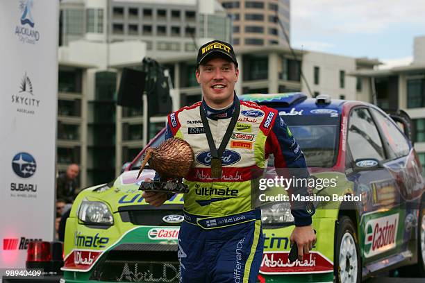 Jari Matti Latvala of Finland in the final podium of the WRC Rally of New Zealand on May 9, 2010 in Raglan, New Zealand.