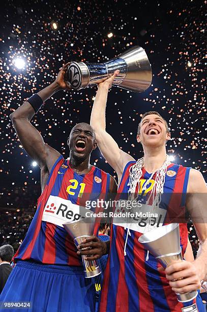 Boniface Ndong, #21 of Regal FC Barcelona and Fran Vazquez, #17 celebrates during the 2009-2010 Euroleague Basketball Champion Awards Ceremony at...