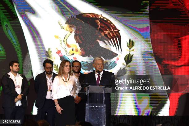 Newly elected Mexico's President Andres Manuel Lopez Obrador , running for "Juntos haremos historia" party, next to his wife Beatriz Gutierrez...