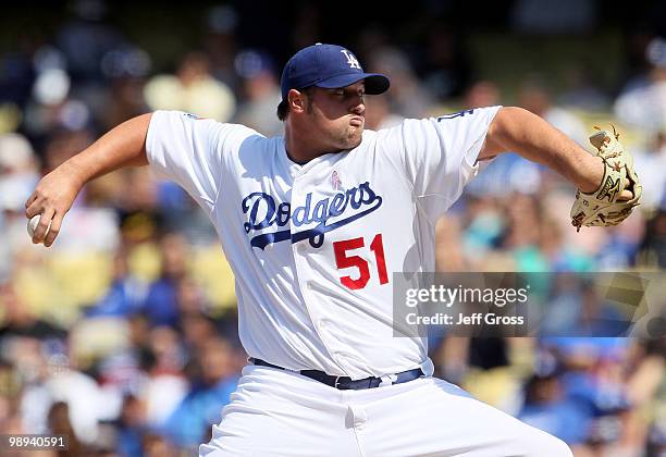 Jonathan Broxton of the Los Angeles Dodgers pitches against the Colorado Rockies in the ninth inning at Dodger Stadium on May 9, 2010 in Los Angeles,...