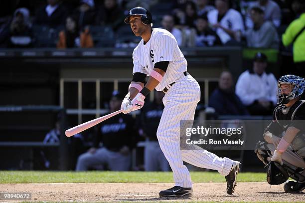 Alex Rios of the Chicago White Sox hits a home run against the Toronto Blue Jays on May 9, 2010 at U.S. Cellular Field in Chicago, Illinois. The Blue...
