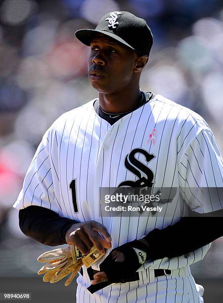 Juan Pierre of the Chicago White Sox looks on against the Toronto Blue Jays on May 9, 2010 at U.S. Cellular Field in Chicago, Illinois. The Blue Jays...