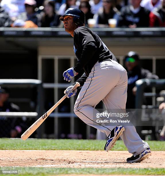 Vernon Wells of the Toronto Blue Jays hits a home run against the Chicago White Sox on May 9, 2010 at U.S. Cellular Field in Chicago, Illinois. The...