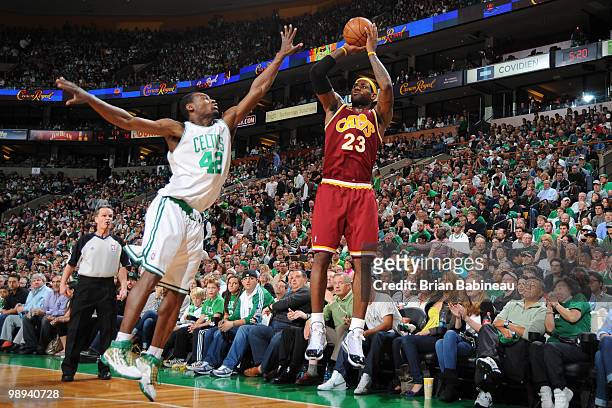 LeBron James of the Cleveland Cavaliers takes the shot against Tony Allen of the Boston Celtics in Game Four of the Eastern Conference Semifinals...