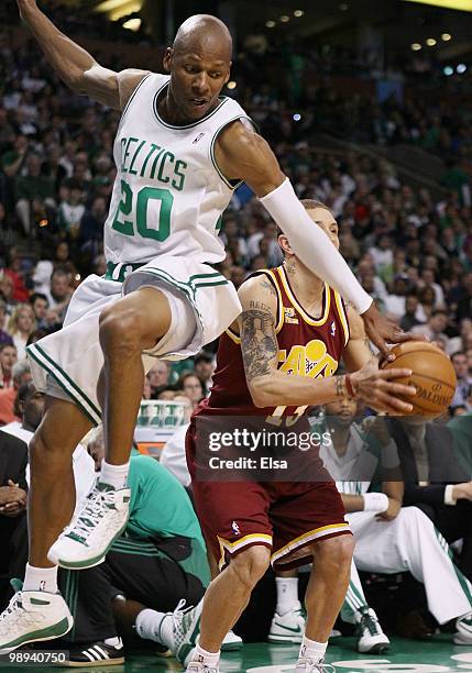 Ray Allen of the Boston Celtics fouls Delonte West of the Cleveland Cavaliers during Game Four of the Eastern Conference Semifinals of the 2010 NBA...