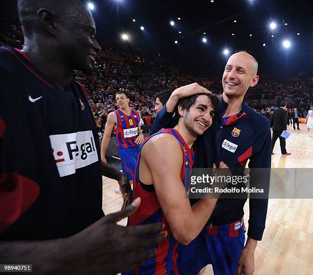 Boniface Ndong, #21 of Regal FC Barcelona, Ricky Rubio, #9 and Lubos Barton, #13 during the 2009-2010 Euroleague Basketball Champion Awards Ceremony...