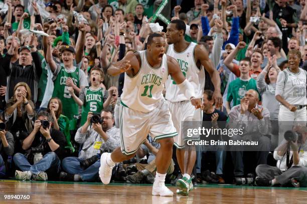 Glen Davis of the Boston Celtics celebrates after scoring against the Cleveland Cavaliers in Game Four of the Eastern Conference Semifinals during...