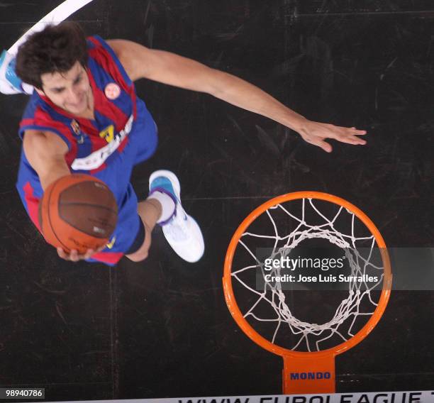 Ricky Rubio, #9 of Regal FC Barcelona in action during the Euroleague Basketball Final Four Final Game between Regal FC Barcelona vs Olympiacos at...