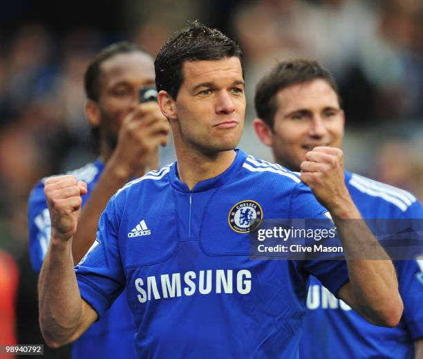 Michael Ballack of Chelsea celebrates as they win the title after the Barclays Premier League match between Chelsea and Wigan Athletic at Stamford...