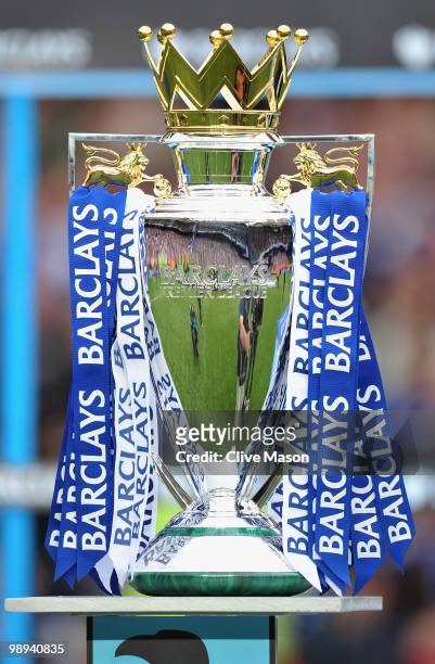 View of the Premier League trophy after the Barclays Premier League match between Chelsea and Wigan Athletic at Stamford Bridge on May 9, 2010 in...